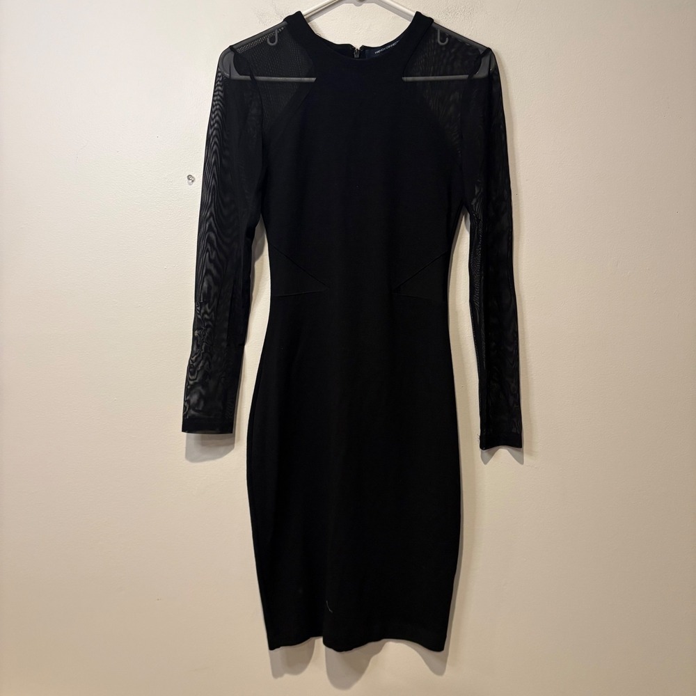 French Connection‎ Black Sheer Mesh Long Sleeve Bodycon Cocktail Party Dress - Picture 3 of 11